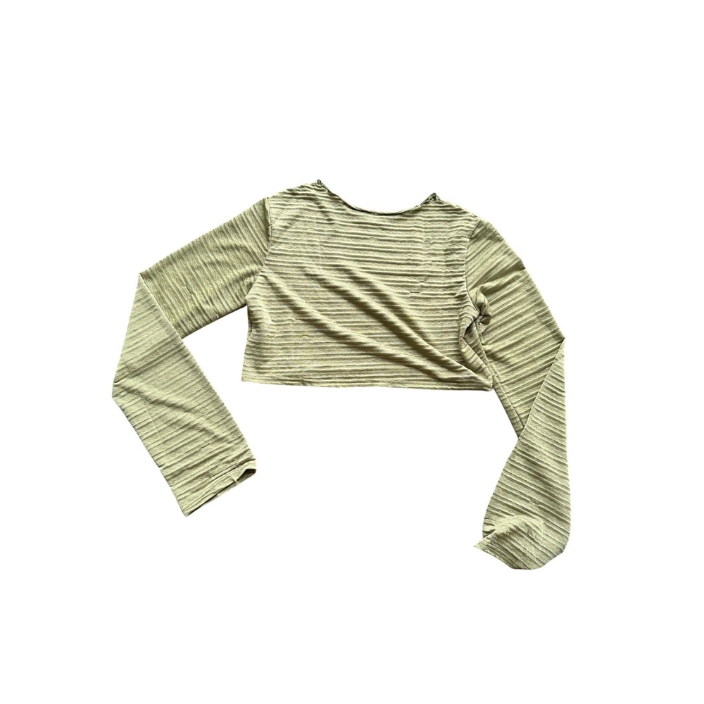 SHEIN Olive Green Textured Long Sleeve Crop Top Size M Ribbed Plisse Blouse‎